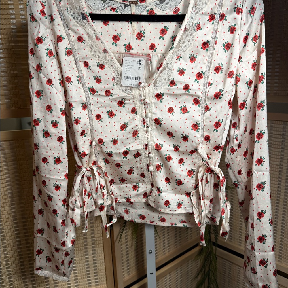 Free People White Floral Blouse with Red Accents